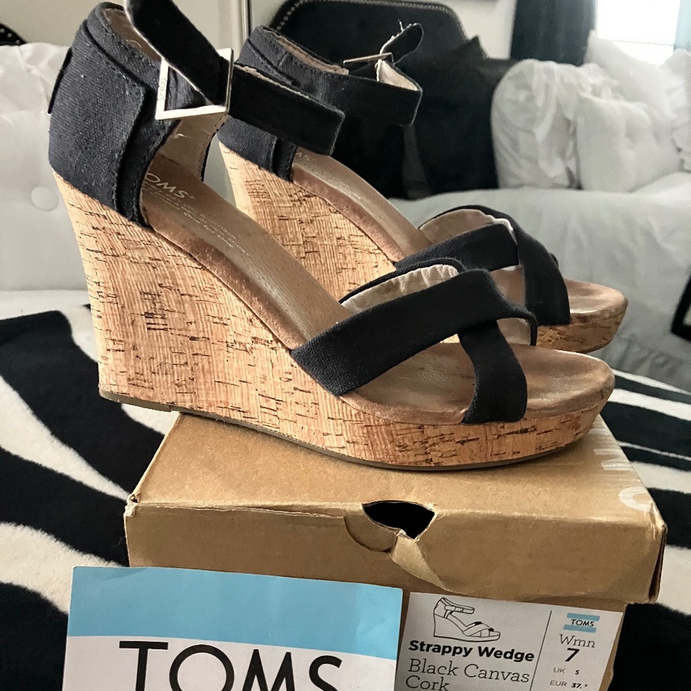 Toms Strappy Wedge Black Sandal